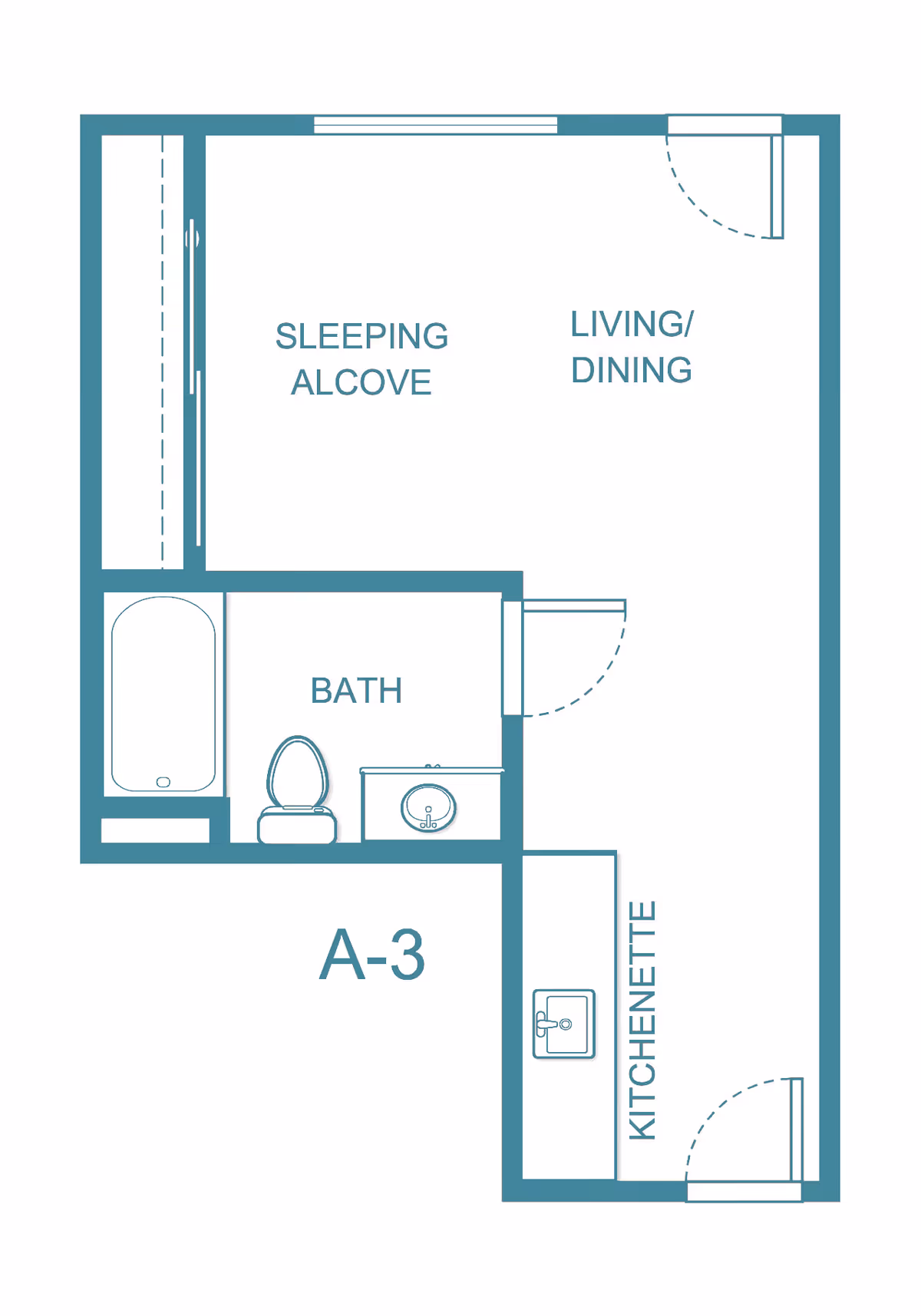 Floor plan of a studio apartment labeled A-3 with designated areas for sleeping alcove, living/dining, bath with bathtub, toilet, and sink, and a kitchenette with a sink.