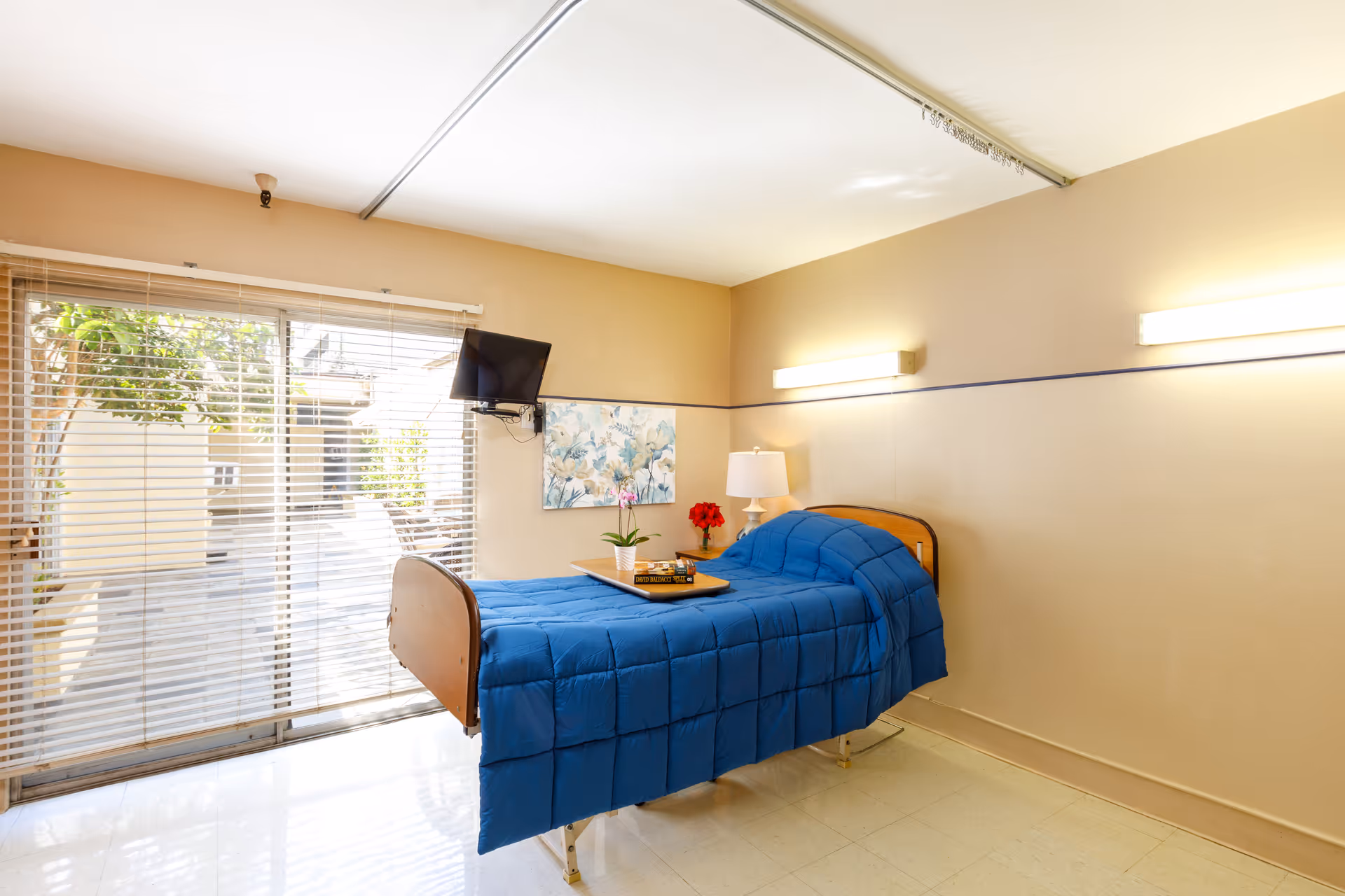 A single hospital-style bed with a blue comforter in a room with beige walls and tiled floor. The bed has a wooden headboard and footboard and a tray on top holding a potted orchid and some books. There is a small wall-mounted TV in the corner and a floral painting on the wall. Large windows with blinds allow natural light to enter the room.