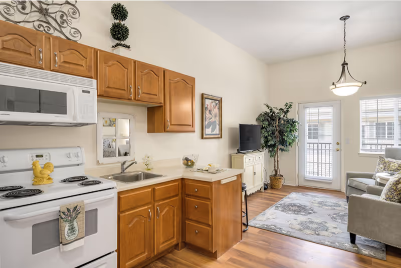A bright and cozy living space featuring a kitchen area with wooden cabinets, a white stove with a yellow rooster decoration, and a microwave above it. The kitchen counter has a small sink and some decorative items. Adjacent to the kitchen is a living room area with a patterned rug, a gray armchair with floral cushions, a small TV on a white cabinet, a potted plant, and a door with glass panels leading outside. The room has light-colored walls and wood flooring.