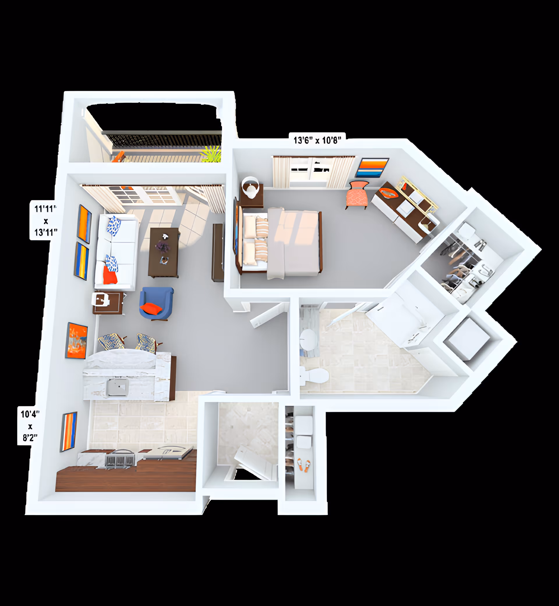 3D floor plan of a senior living apartment showing a bedroom with a bed, chair, and dresser; a living room with a sofa, armchair, coffee table, and TV; a kitchen with appliances and a counter with two chairs; a bathroom with a toilet and shower; and a closet with hanging clothes.