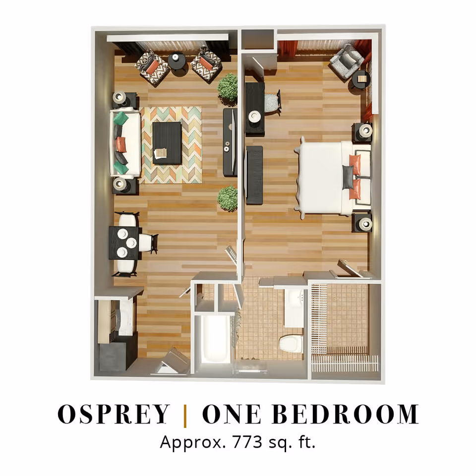 Top-down rendered floor plan of a one-bedroom apartment showing a living room, dining area, kitchen, bathroom, and bedroom labeled "Osprey | One Bedroom Approx. 773 sq. ft."