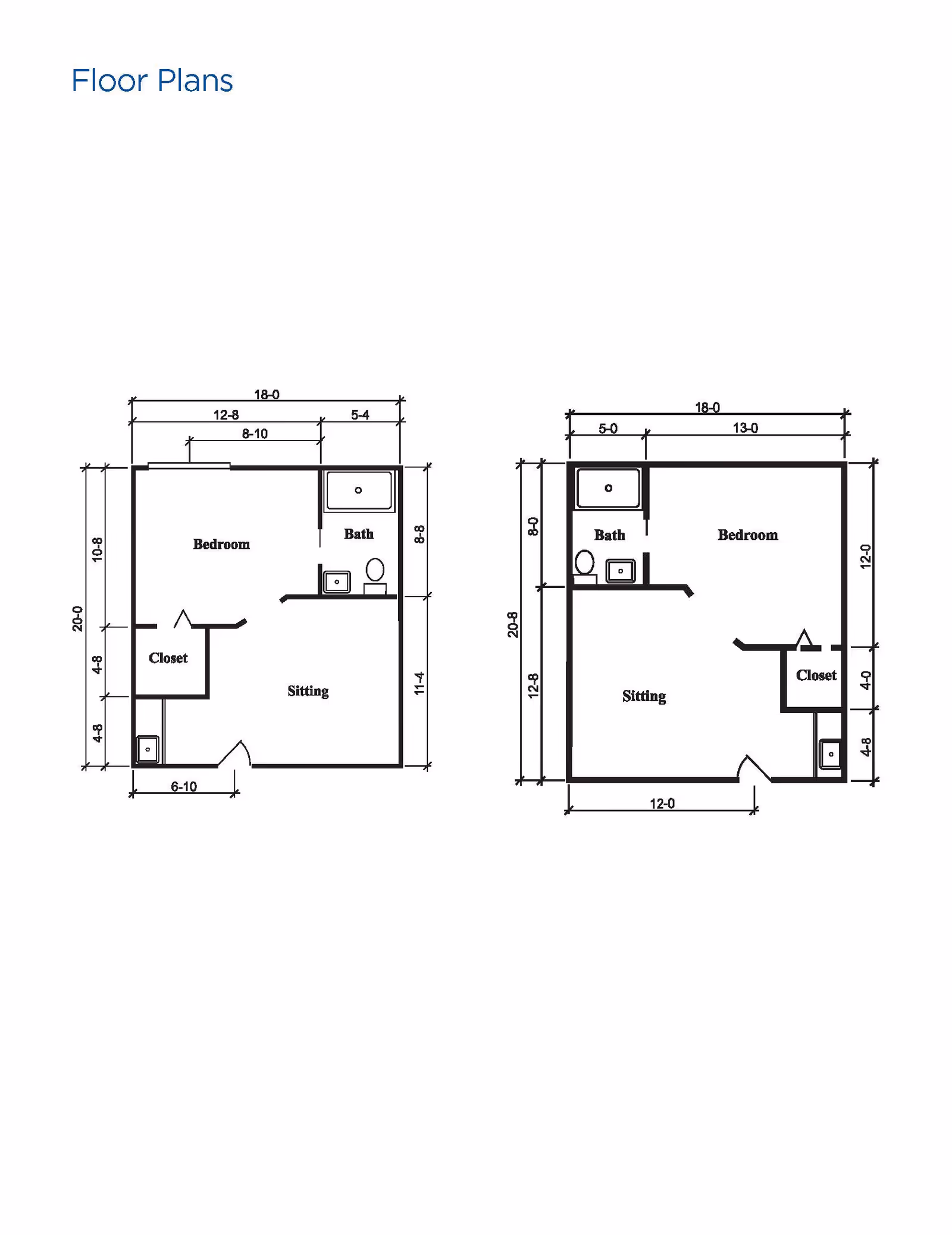 Two architectural floor plans showing layouts for a bedroom, bath, sitting area, and closet with dimensions labeled in feet and inches.