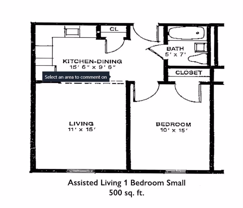 Floor plan of a small assisted living one-bedroom apartment measuring 500 square feet, showing a kitchen-dining area, living room, bedroom, bathroom, and closet.