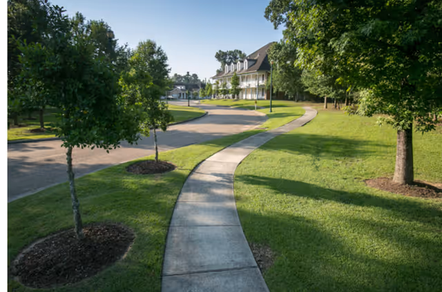 Curved concrete sidewalk leading through a grassy area with several trees, adjacent to a paved road. In the background, there is a large two-story building with a porch and dormer windows, surrounded by more trees under a clear blue sky.