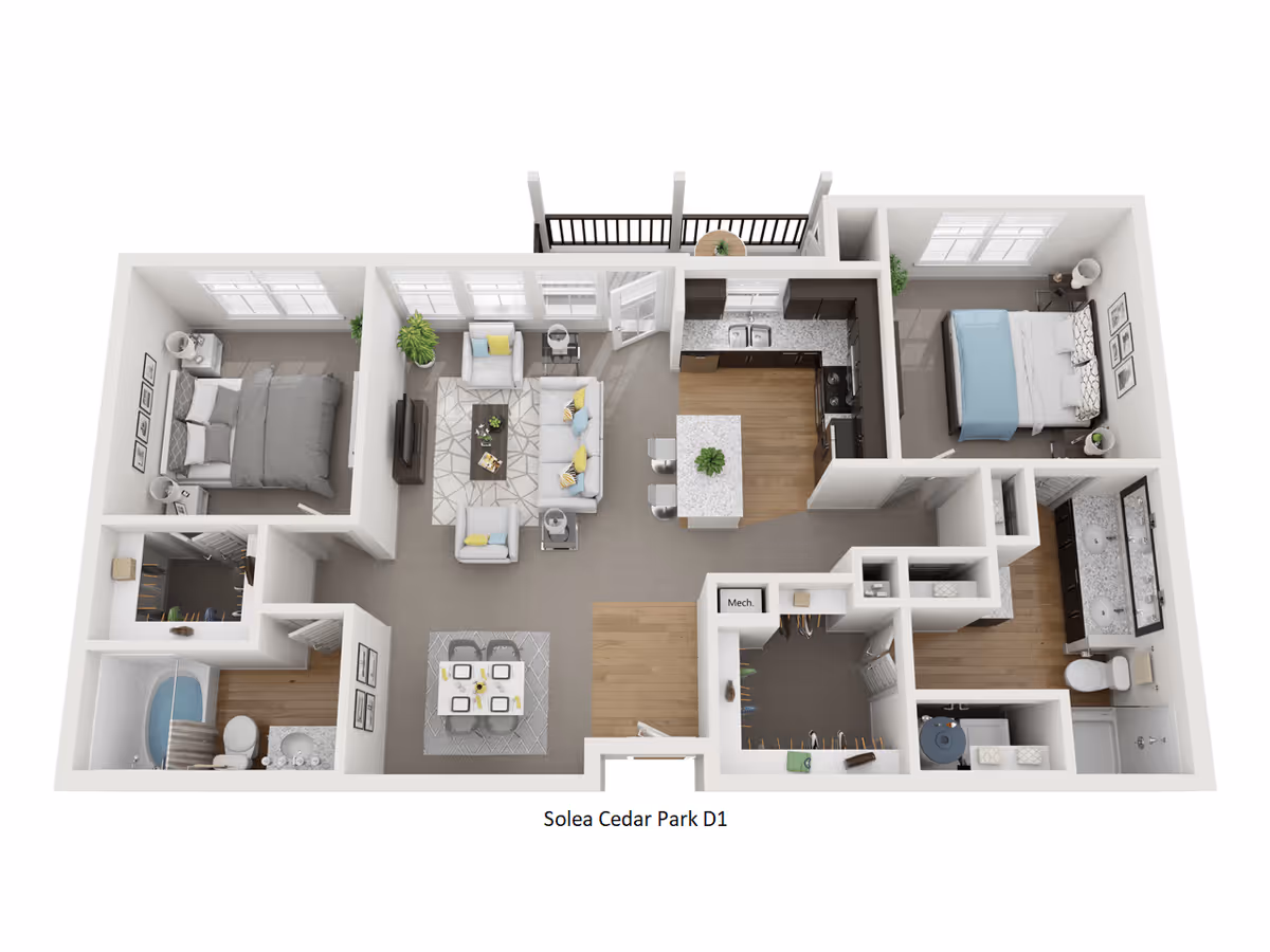 3D floor plan of a two-bedroom apartment featuring a living room with sofa and chairs, a kitchen with an island and bar stools, a dining area with a table and four chairs, two bedrooms each with a bed and nightstands, two bathrooms, closets, and a balcony.