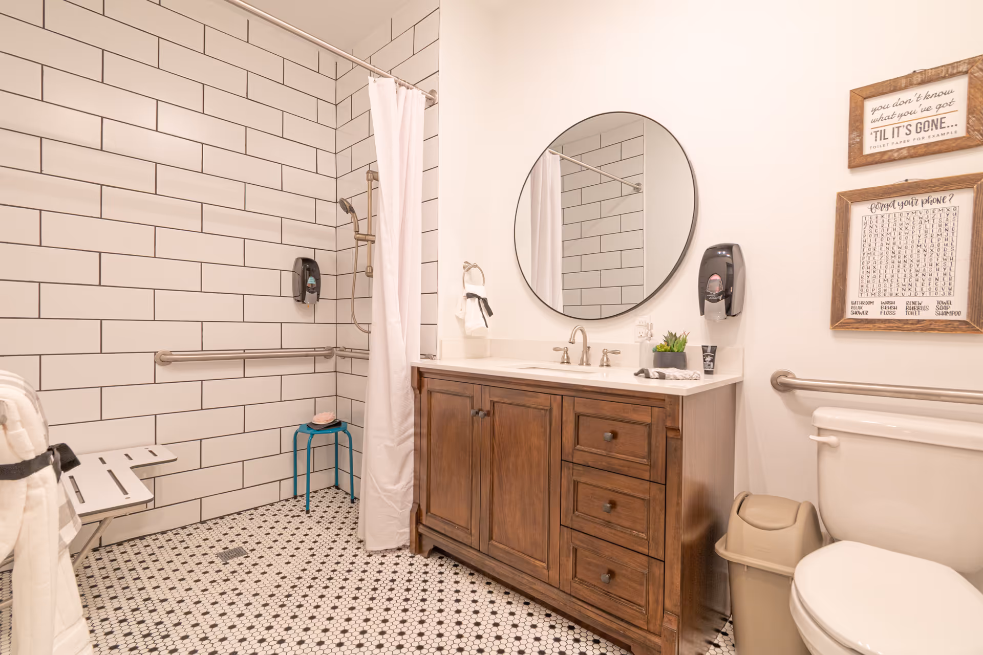 Accessible bathroom with a walk-in tiled shower, wooden vanity topped by a round mirror, toilet, and multiple grab bars.