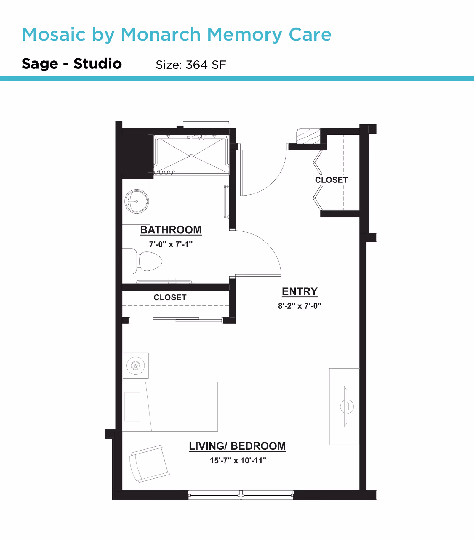 Floor plan of a studio apartment named Sage at Mosaic by Monarch Memory Care, showing a bathroom, entry area, closet spaces, and a combined living and bedroom area with dimensions.