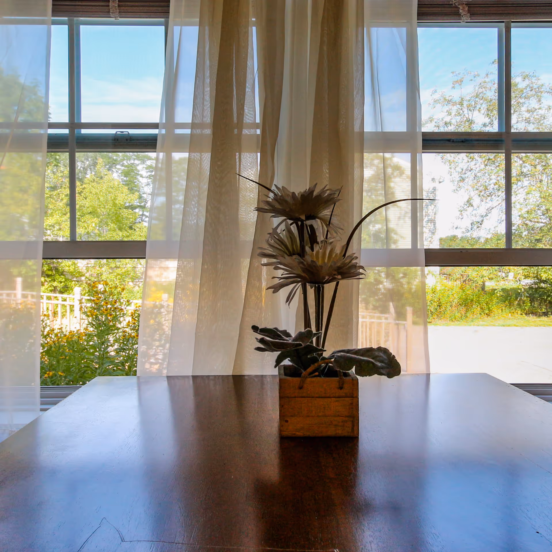A wooden table holds a small wooden planter of white flowers set before sheer curtains and a large window with a garden view.