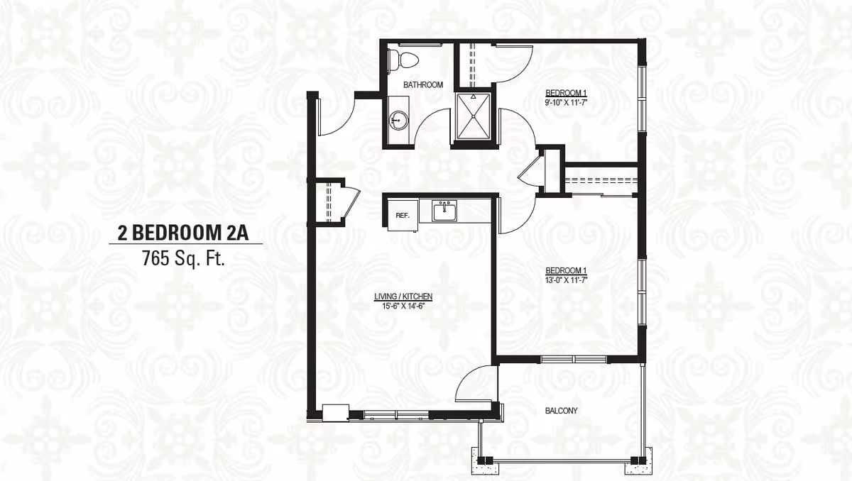 Floor plan of a 2 bedroom, 2A apartment layout with 765 square feet, showing two bedrooms, a bathroom, a combined living and kitchen area, and a balcony.