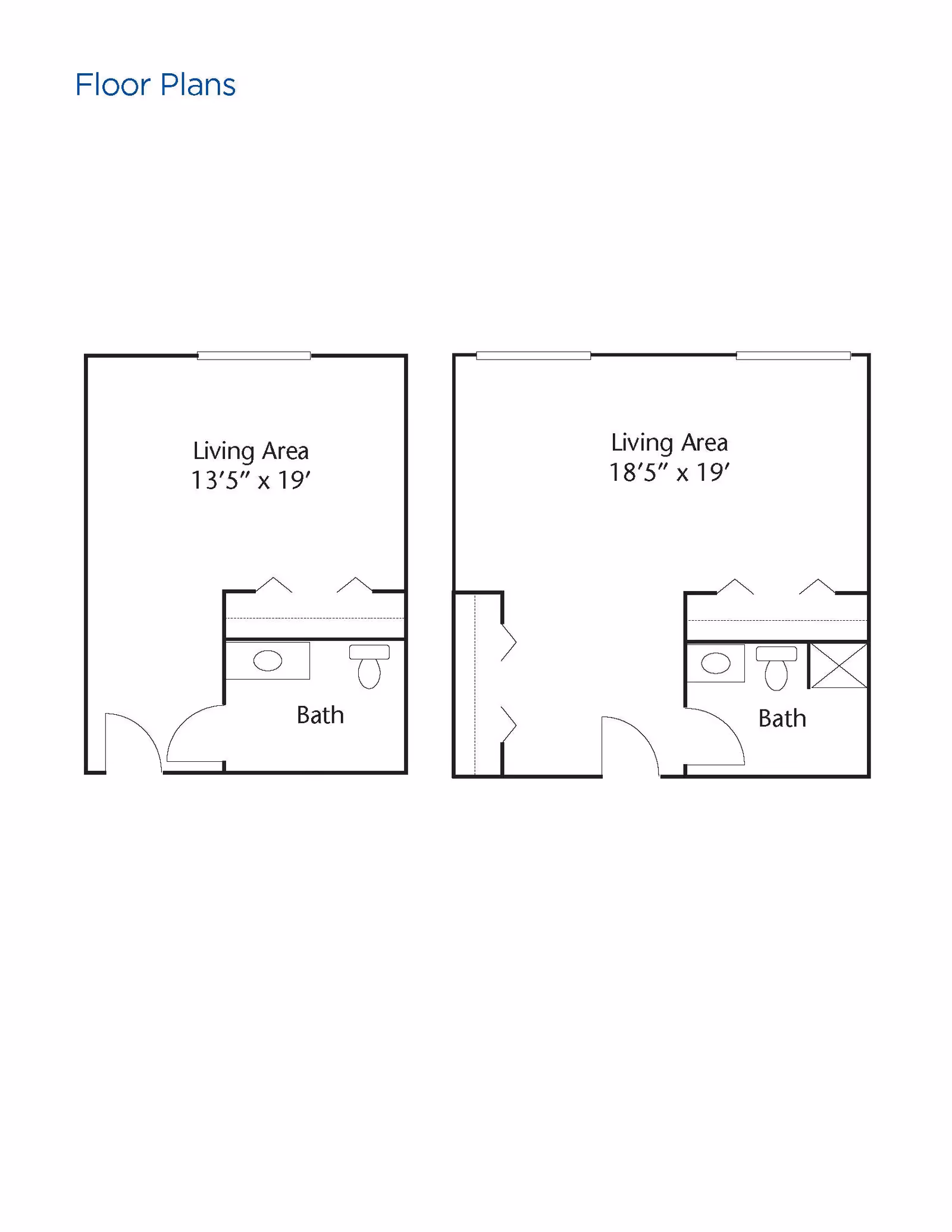 Two simple floor plans showing living areas and bathrooms. The left floor plan has a living area measuring 13 feet 5 inches by 19 feet and a bathroom with a sink and toilet. The right floor plan has a living area measuring 18 feet 5 inches by 19 feet and a bathroom with a sink, toilet, and shower.