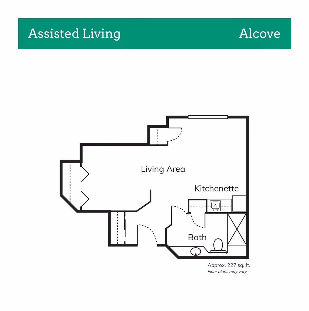Floor plan of an assisted living alcove unit showing a living area, kitchenette, and bathroom with approximate size of 227 square feet.