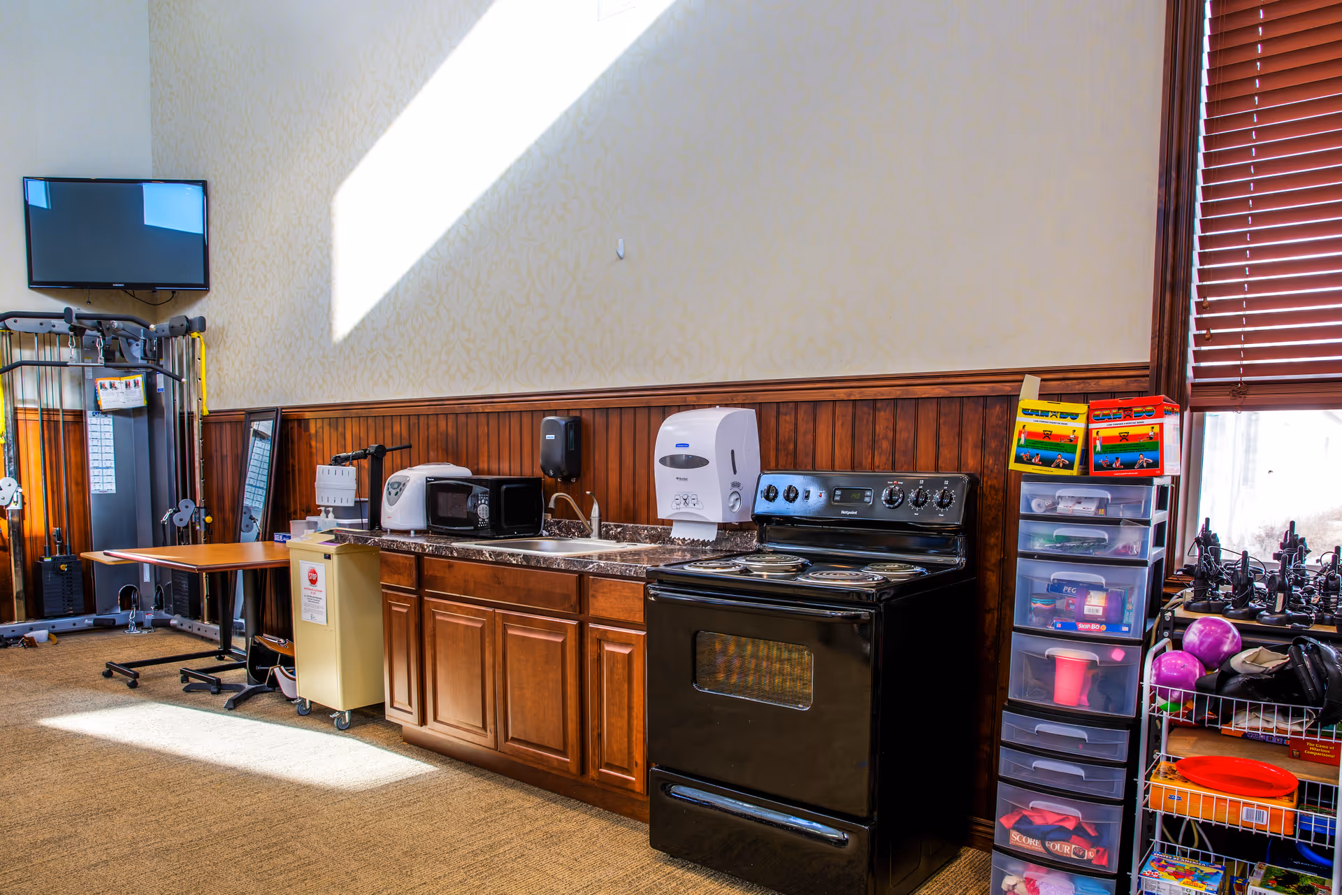 Interior room with a kitchenette featuring a black electric stove, microwave, toaster, and sink with a soap dispenser mounted above. To the left, there is exercise equipment and a small table on wheels. To the right, there are plastic storage drawers and a wire rack holding various items including purple balls and other supplies. A window with wooden blinds is partially visible on the right side.