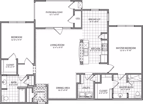 Floor plan of an apartment at Franklin Park Sonterra showing a patio/balcony, living room, dining area, kitchen with breakfast nook, master bedroom with master bath and closet, a second bedroom with closet, a bathroom, utility room, and entry area.
