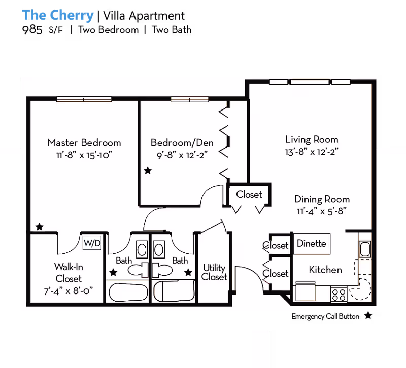 Black-and-white floor plan titled "The Cherry" showing two bedrooms (one master), two bathrooms, living room, dining area, kitchen, closets and utility/walk-in closet.