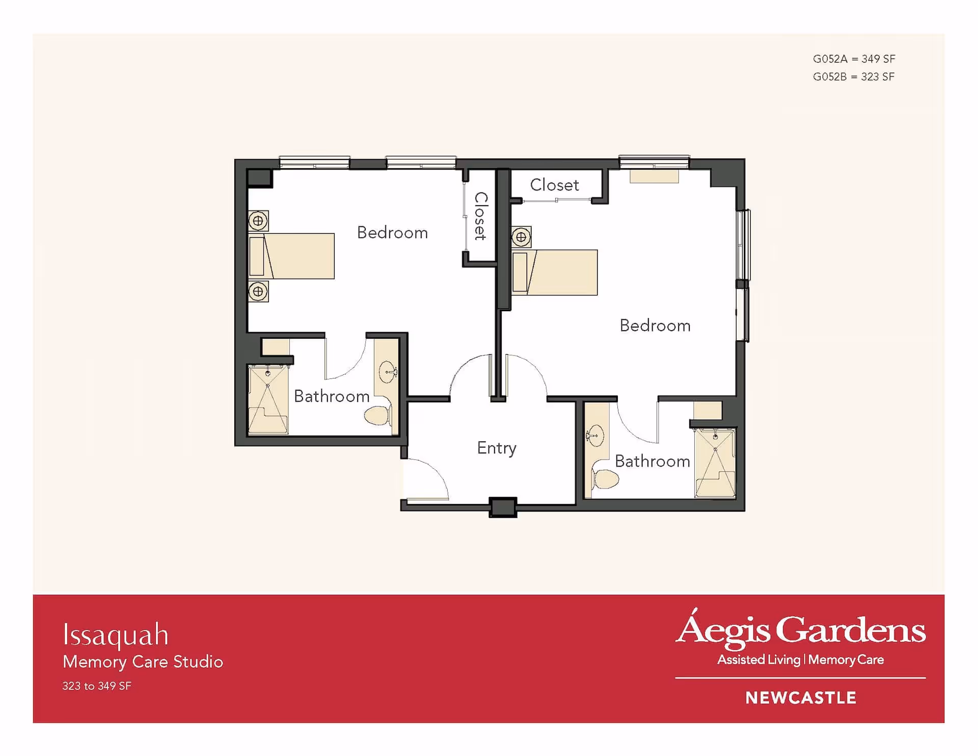 Floor plan layout of Issaquah Memory Care Studio at Aegis Gardens Newcastle, showing two bedrooms each with a closet and attached bathroom, and an entry area. The total area ranges from 323 to 349 square feet.