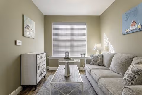 A cozy living room with a gray sofa adorned with patterned pillows, a wooden coffee table with decorative items, a small chest of drawers against the wall, a window with blinds letting in natural light, and two paintings on the walls.