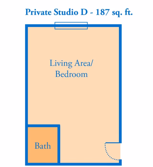 Floor plan of Private Studio D with 187 square feet, showing a combined living area and bedroom, and a separate bath area.