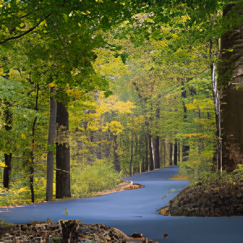 A winding paved path through a dense forest with tall trees and green foliage, some leaves showing early signs of autumn colors.