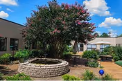 Courtyard with a round stone planter and flowering tree surrounded by shrubs, outdoor seating with umbrellas, and single-story building facades under a blue sky.