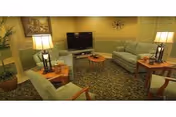 Carpeted living room with sofas, armchairs, a TV on a stand, and side tables with lamps.
