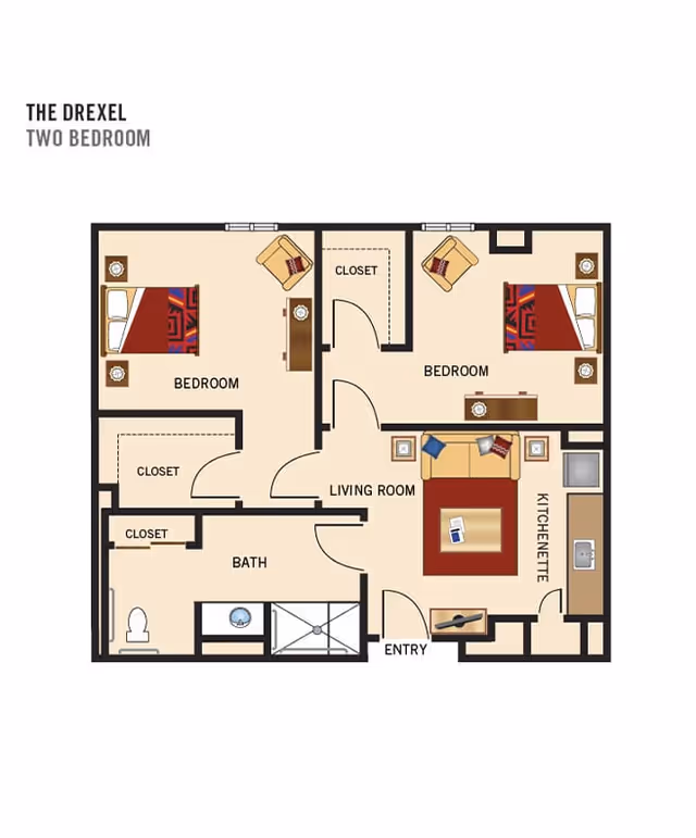 Floor plan of The Drexel two-bedroom apartment showing two bedrooms, a living room, a kitchenette, a bathroom, closets, and an entry area.