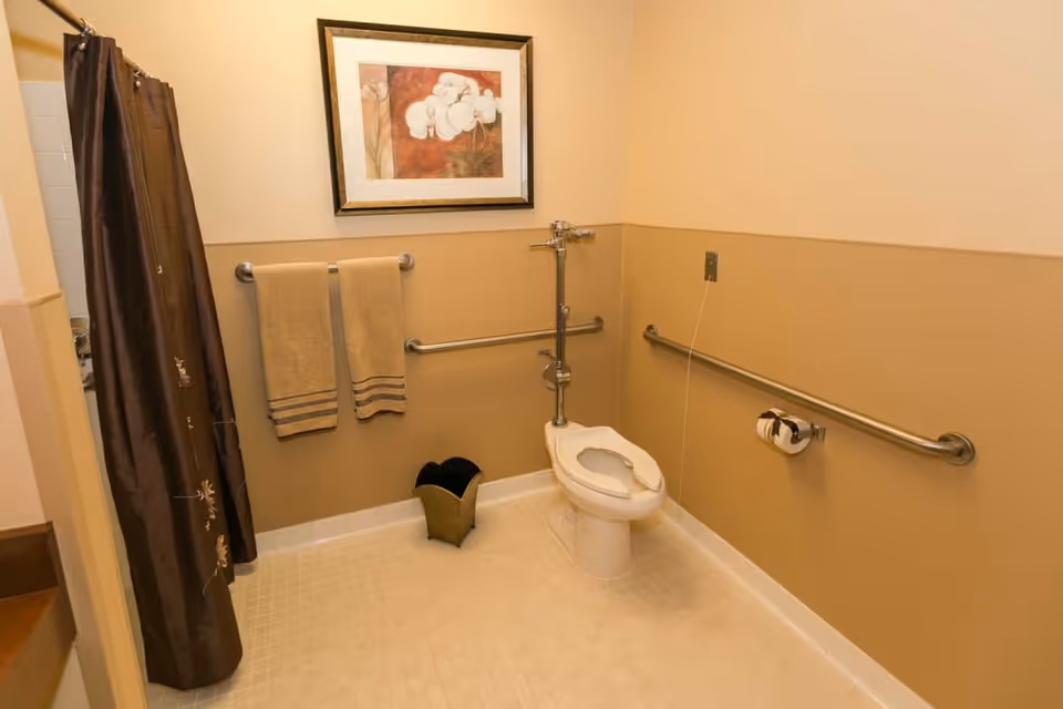 A bathroom with beige walls and white tiled floor featuring a toilet with grab bars on both sides, a brown shower curtain, two beige towels hanging on a towel rack, a framed floral picture on the wall, a small waste bin, and a toilet paper holder with a roll of toilet paper.