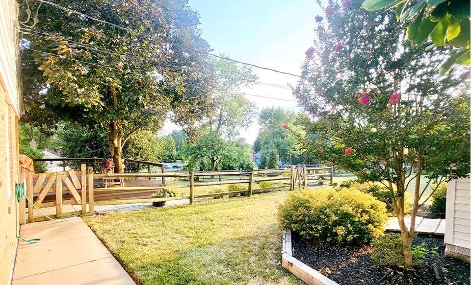 A sunny outdoor garden area with a wooden fence, green grass, a large tree, and flowering bushes near a building. There is a concrete pathway along the side of the building and a wooden gate leading to the fenced area.
