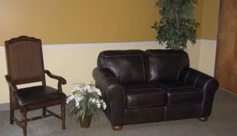 Black leather sofa and wooden chair beside potted plants in a cozy indoor living room.
