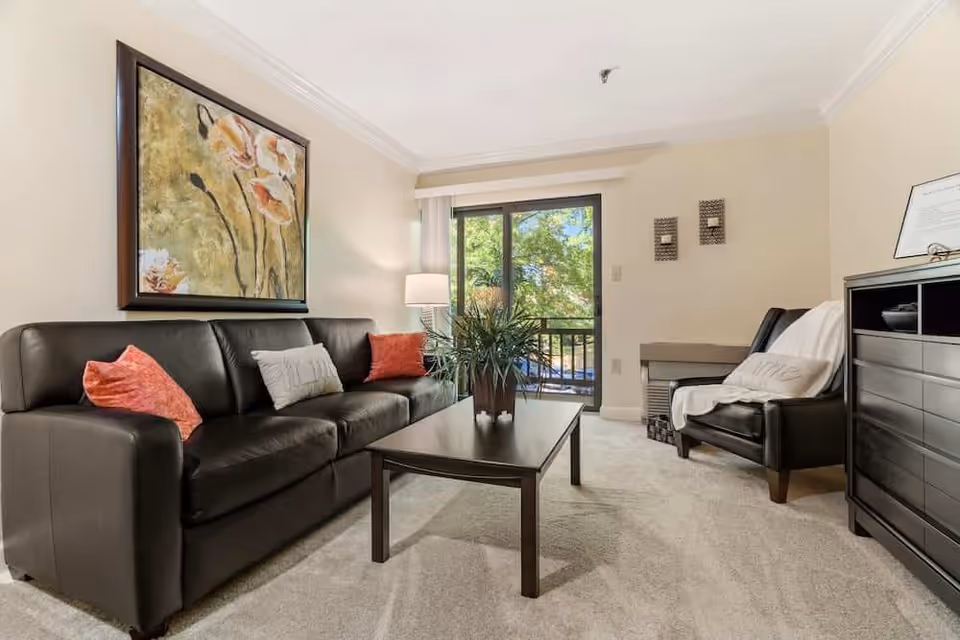 A cozy living room with a black leather sofa adorned with three pillows, a dark wooden coffee table with a potted plant, a black armchair with a white throw blanket and pillow, a lamp, and a large window showing green trees outside. A framed floral painting hangs above the sofa.