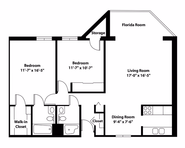 Floor plan of an apartment at Parkway Assisted Living and Memory Care showing two bedrooms, two bathrooms, a walk-in closet, storage, a Florida room, a living room, and a dining room with kitchen area.