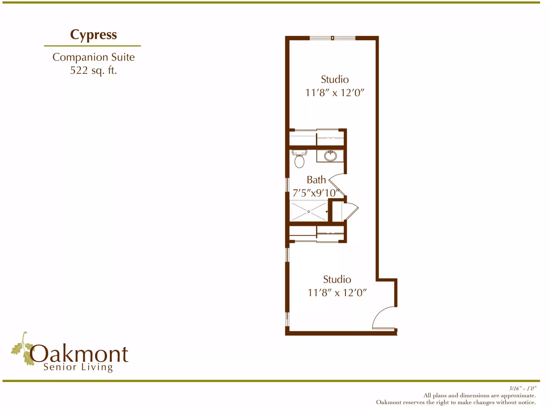 Floor plan diagram of the Cypress companion suite (522 sq. ft.) showing two studio rooms and a central bathroom.