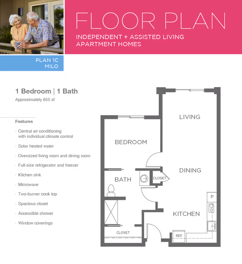 Graphic floor plan page showing a 1-bedroom, 1-bath apartment layout with a features list and a header reading "FLOOR PLAN."