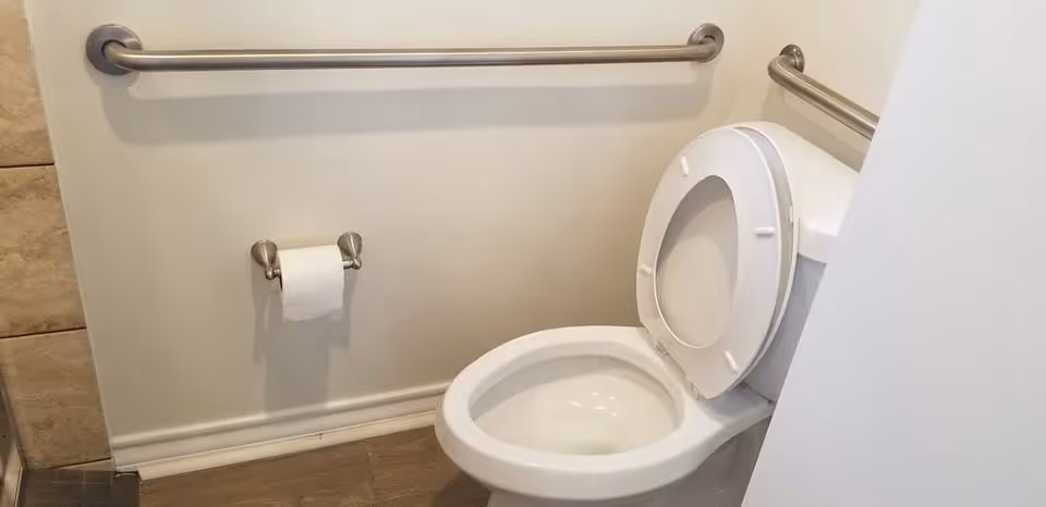 A bathroom with a white toilet with the lid open, mounted grab bars on the walls for support, a toilet paper holder with a roll of toilet paper, and tiled flooring.