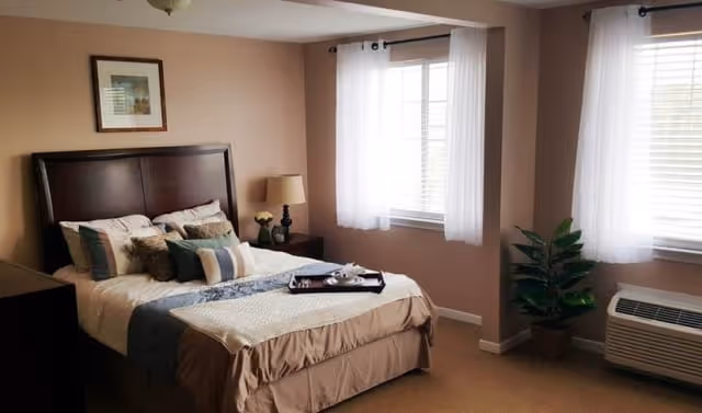 A cozy bedroom with a neatly made bed featuring multiple pillows and a decorative throw. The room has beige walls, two windows with white curtains allowing natural light, a bedside table with a lamp and a small plant, a framed picture on the wall, a potted plant near the window, and an air conditioning unit below one window.