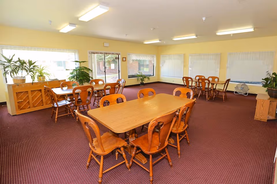 A spacious room with multiple wooden tables and chairs arranged for group seating. The room has large windows with white curtains, yellow walls, and a maroon carpet. There are several potted plants placed on furniture along the walls, and a piano is visible on the left side near the windows. The room is well-lit with ceiling lights.