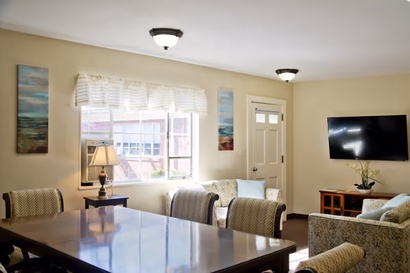 A bright living room with a large window letting in natural light. The room features a wooden dining table with four upholstered chairs, two floral-patterned sofas, a wall-mounted flat-screen TV, a small wooden cabinet with a potted plant, and a table lamp on a side table next to the window. The walls are beige with two vertical landscape paintings on either side of the window.