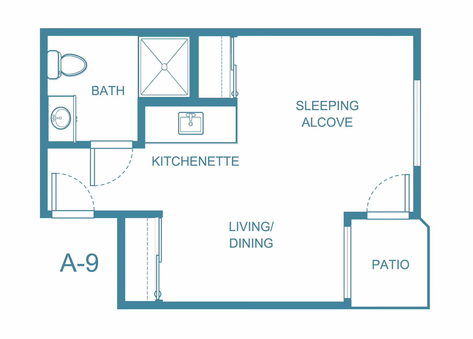 Floor plan layout of a senior living unit labeled A-9, featuring a bath with toilet and sink, a kitchenette with a sink, a sleeping alcove, a combined living and dining area, and a patio.