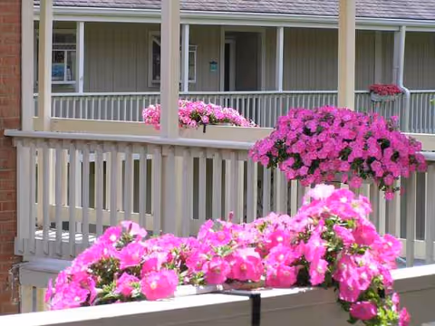 A balcony with white railings and vibrant pink flowers in planters.