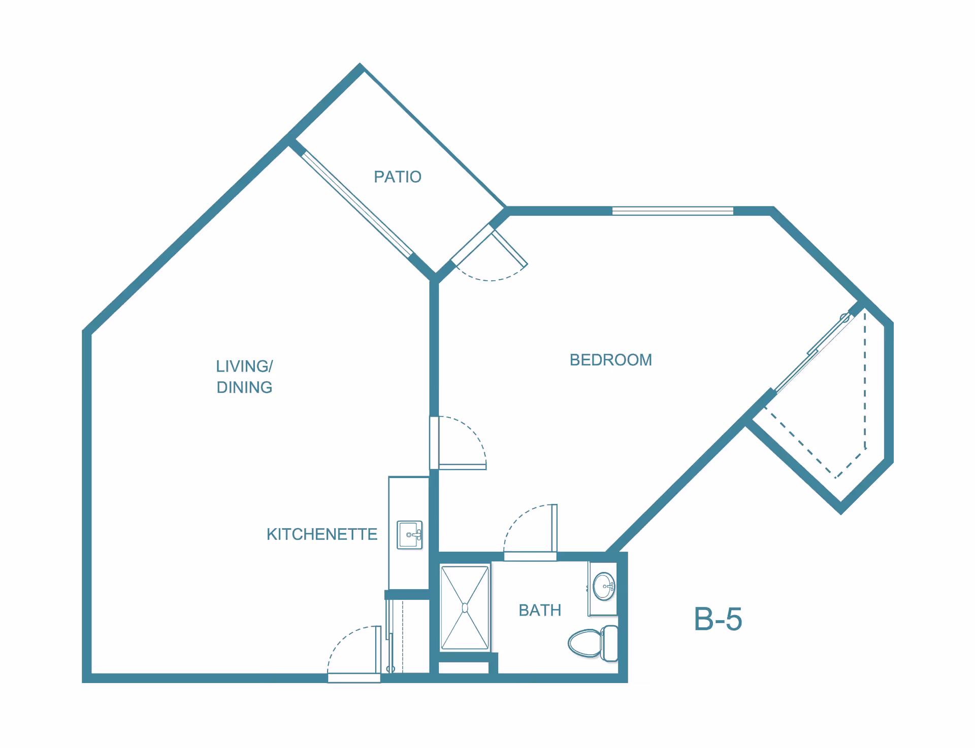 Floor plan of a senior living unit labeled B-5 at Holiday Aspen View, showing a bedroom, bath, kitchenette, living/dining area, and a patio.