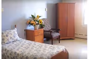 Furnished bedroom with a single bed covered in floral bedding, a wooden nightstand with a vase of flowers, an upholstered chair, and a wardrobe.