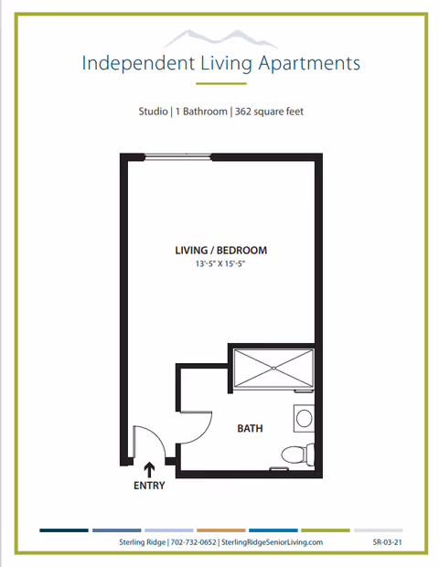 Floor plan for a 362-square-foot studio independent living apartment showing a combined living/bedroom, an entry, and a bathroom.