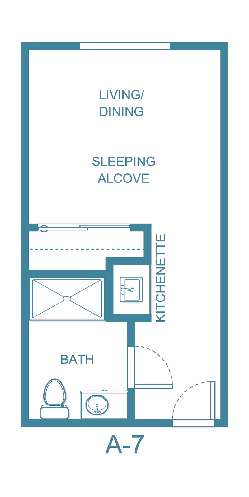 Floor plan labeled A-7 showing a small living/dining area with a sleeping alcove, a kitchenette, and a bathroom with a toilet and sink.