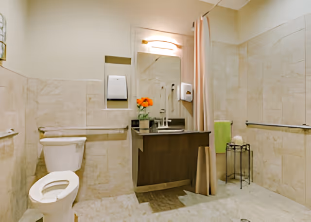 Accessible bathroom with a toilet, wall-mounted vanity and mirror, grab bars, a shower curtain, and a vase of orange flowers.