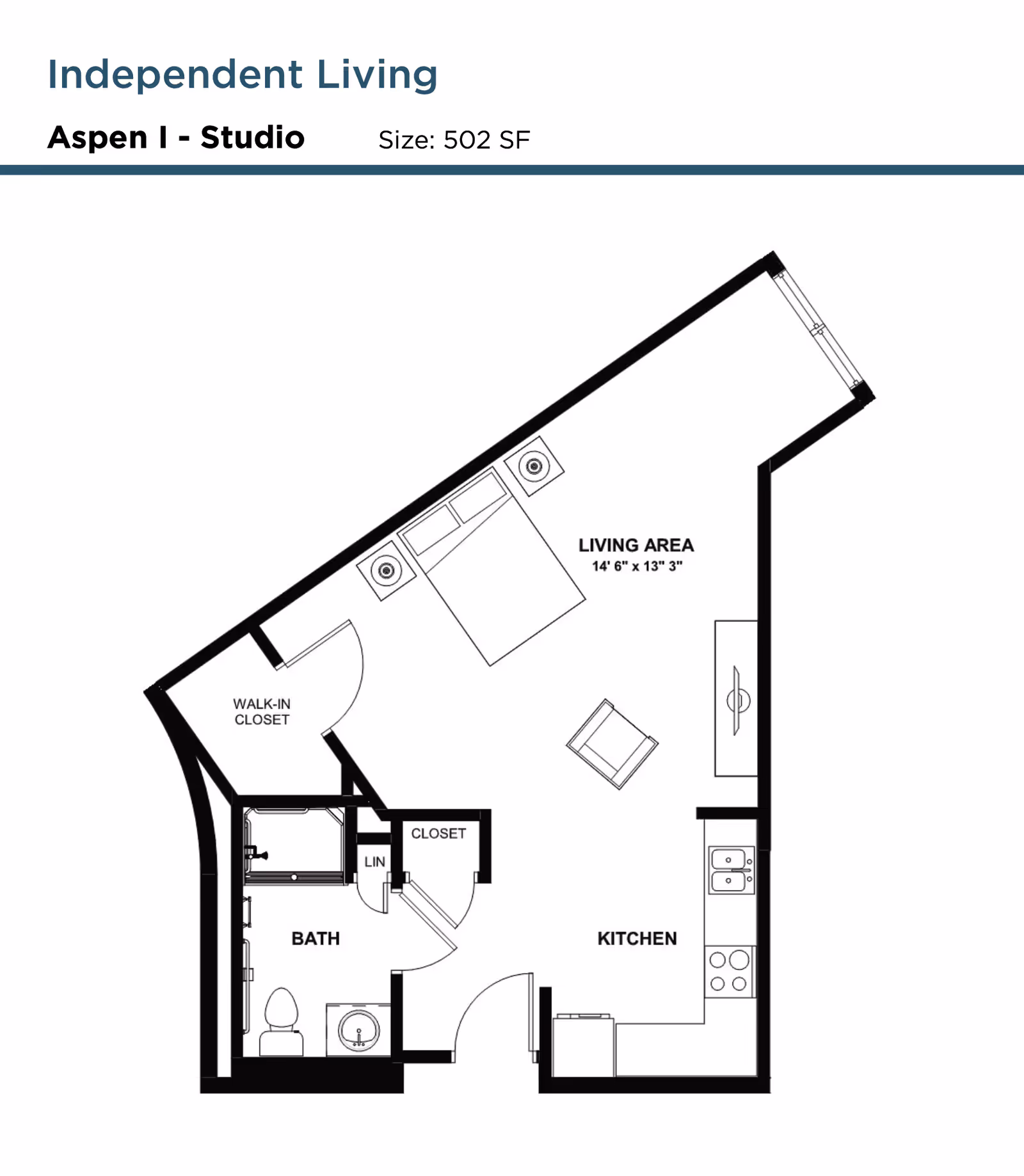 Floor plan of Aspen I - Studio independent living unit at Monarch Bella Terra, showing a living area with bed and chair, kitchen, bathroom, walk-in closet, and additional closet. The total size is 502 square feet.
