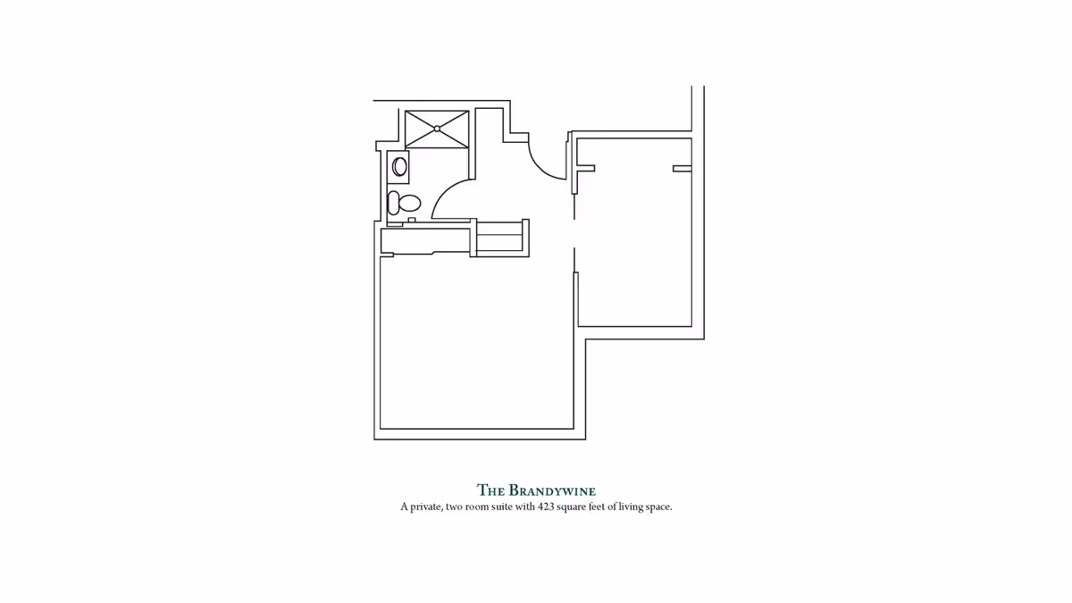 Architectural floor plan of The Brandywine, a private two-room suite with 423 square feet of living space, showing layout including a bathroom and two main rooms.