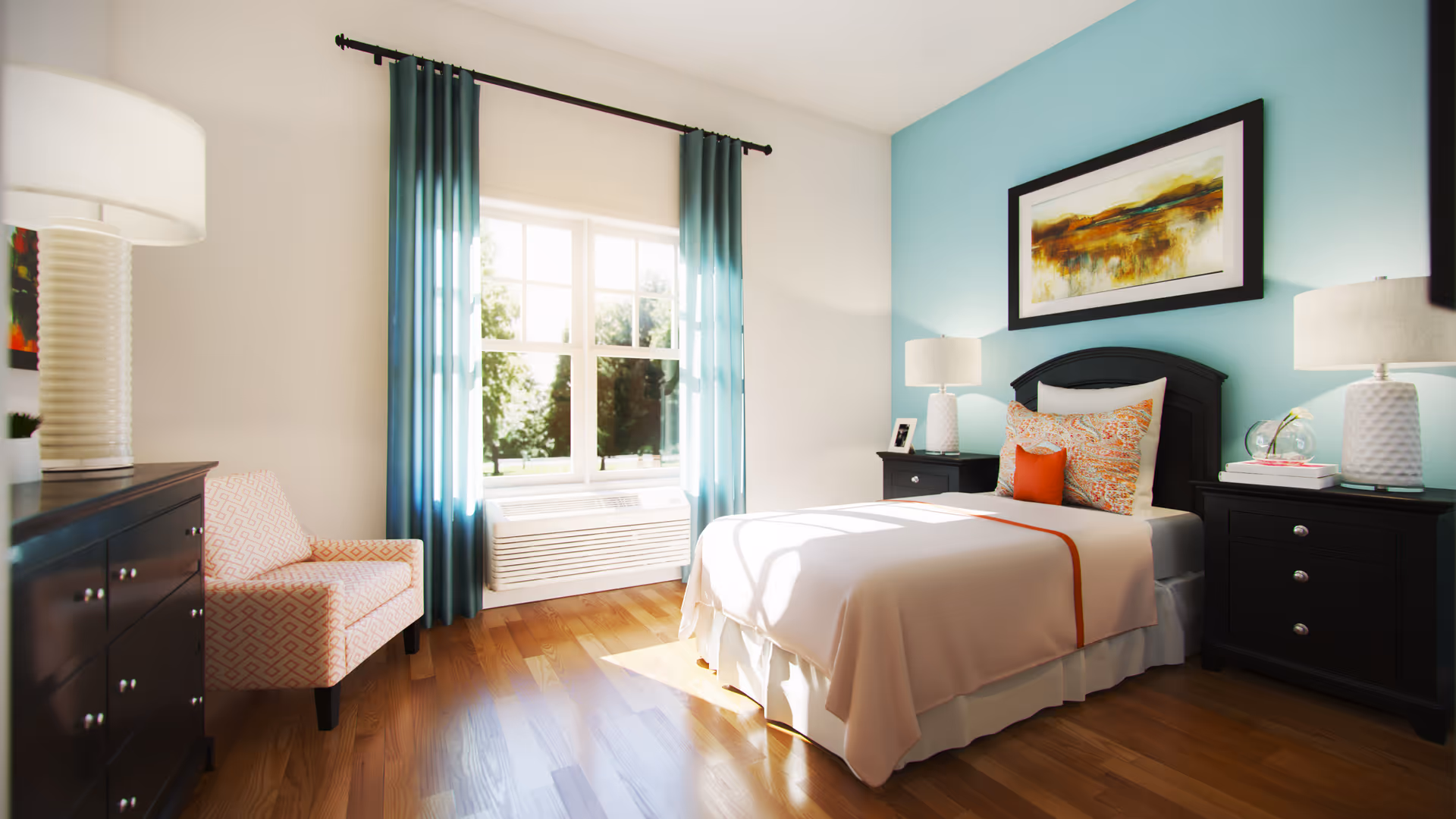 A bright and cozy bedroom with a single bed featuring white and orange bedding, two black nightstands with white lamps on either side, a patterned armchair, a large window with teal curtains letting in natural light, and a colorful abstract painting on a light blue accent wall.