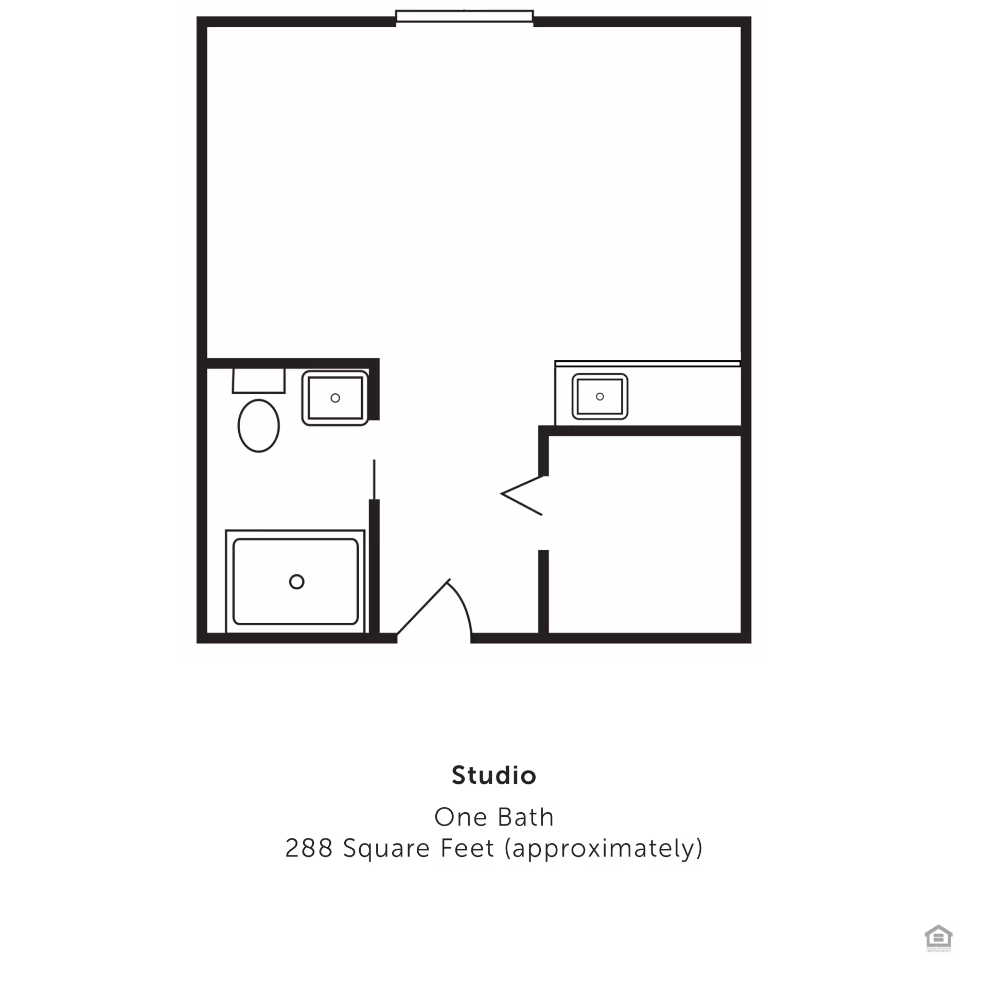 Black-and-white studio apartment floor plan showing a main living area, one bathroom with toilet, sink and tub, a small closet and a secondary sink/vanity area.