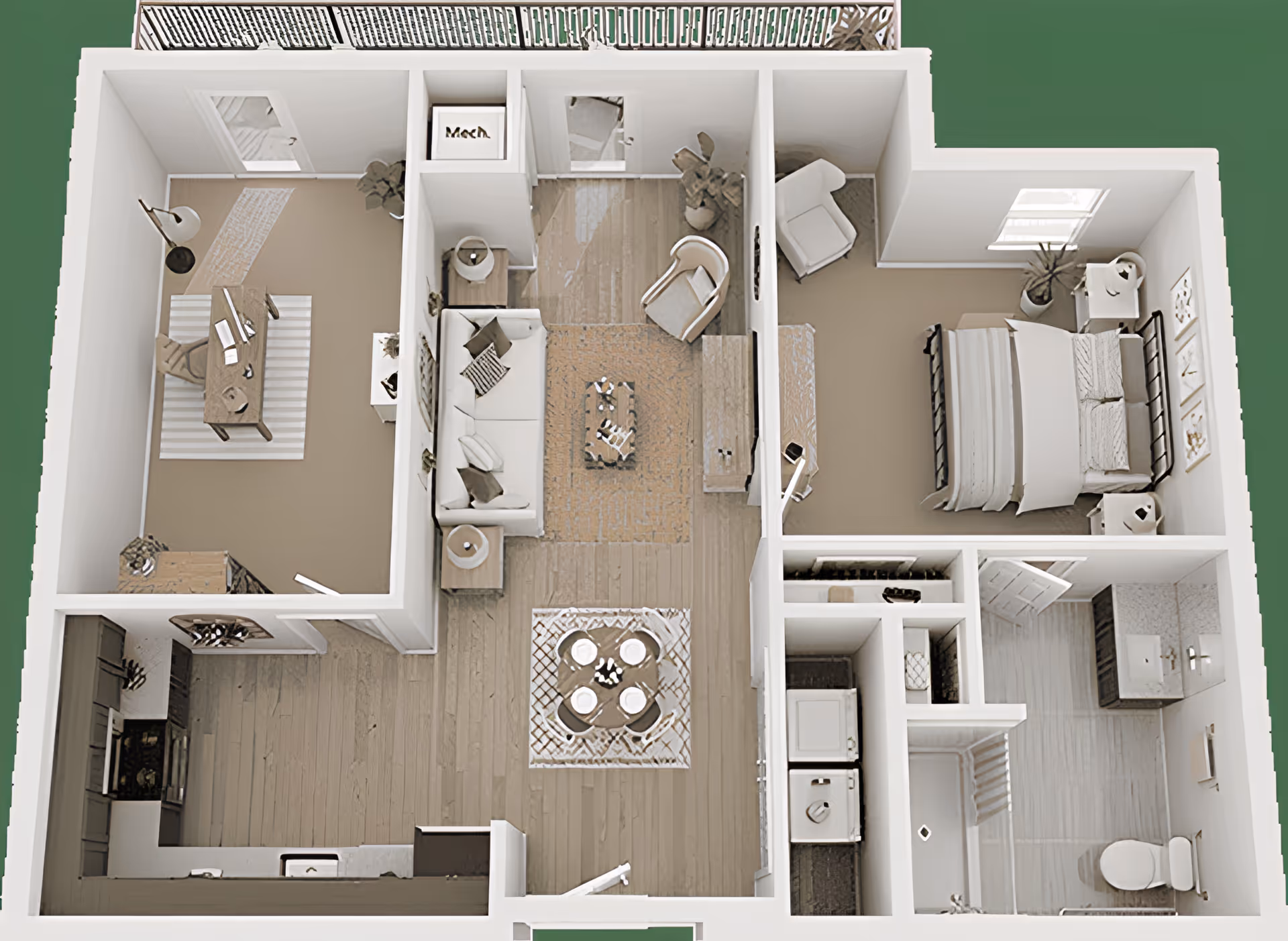 3D floor plan of a senior living apartment at The Oscar at Georgetown, TX, showing a bedroom with a bed and nightstands, a bathroom with a shower, toilet, and sink, a living room with a sofa, armchair, coffee table, and TV stand, a dining area with a round table and four chairs, a kitchen with appliances and cabinets, and an office/study room with a desk and chair.