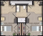Floor plan of two adjacent living/bedroom units, each measuring 14 feet by 10 feet. Each unit includes a bed, a chair, a side table with a lamp, and a closet. A shared bathroom with a sink and toilet is located between the two units.