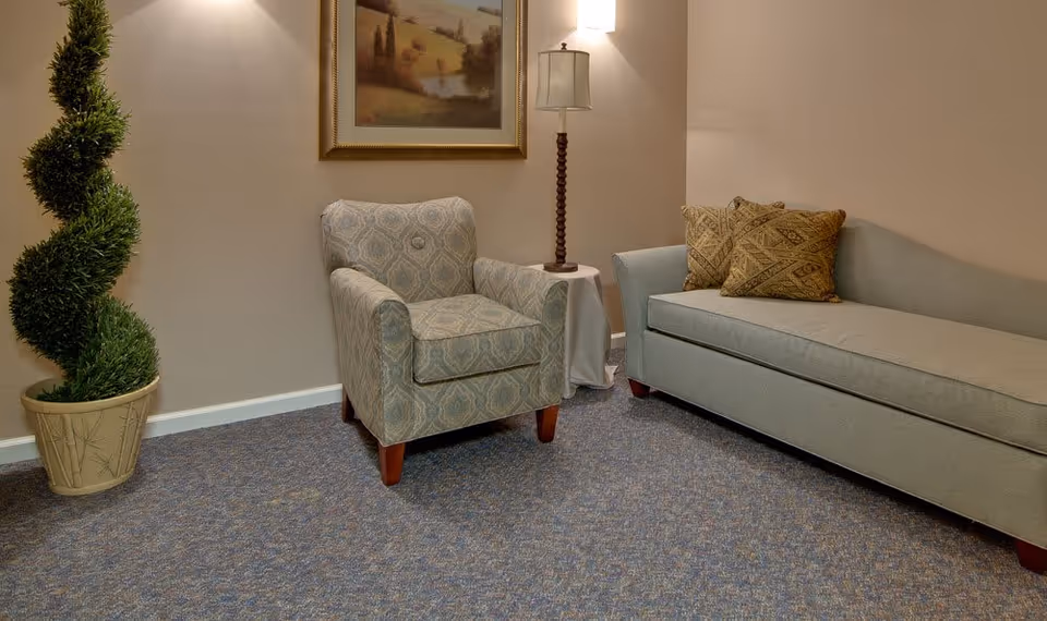 A seating area with an upholstered armchair, a sofa with decorative pillows, a floor lamp, framed artwork, and a potted spiral topiary.